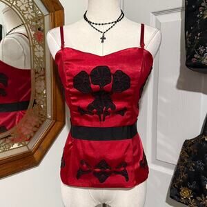 Charlottet Russe Dark Red Satin & Black Embroidered Boned Vampy Corset Top L/M